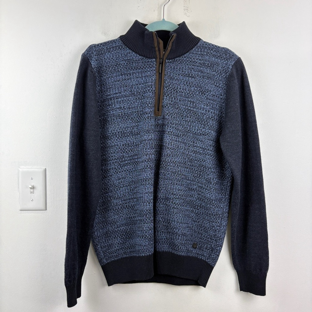 Bugatti Blue Zip Up Sweater with Stand Up Collar and Textured Knit